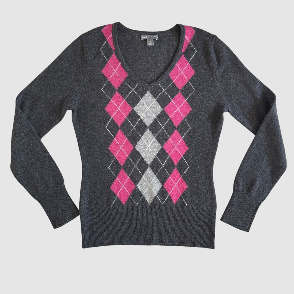 Apt 9 Womens 100% Cashmere Argyle V-Neck Sweater Grey Pink M preppy academia